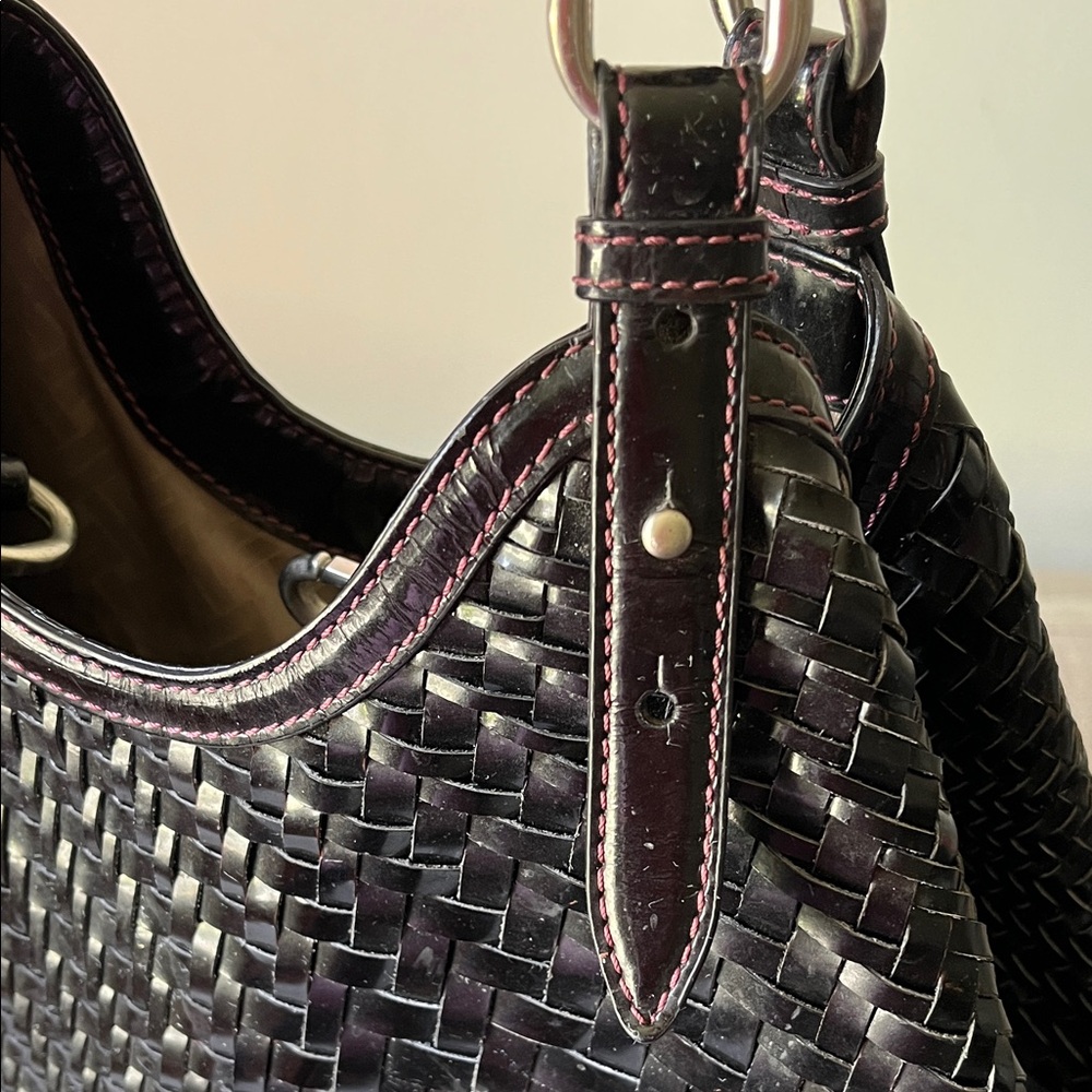 Cole Haan Genevieve Patent Black Woven Shoulder Bag with Plum Stitching - Picture 11 of 12